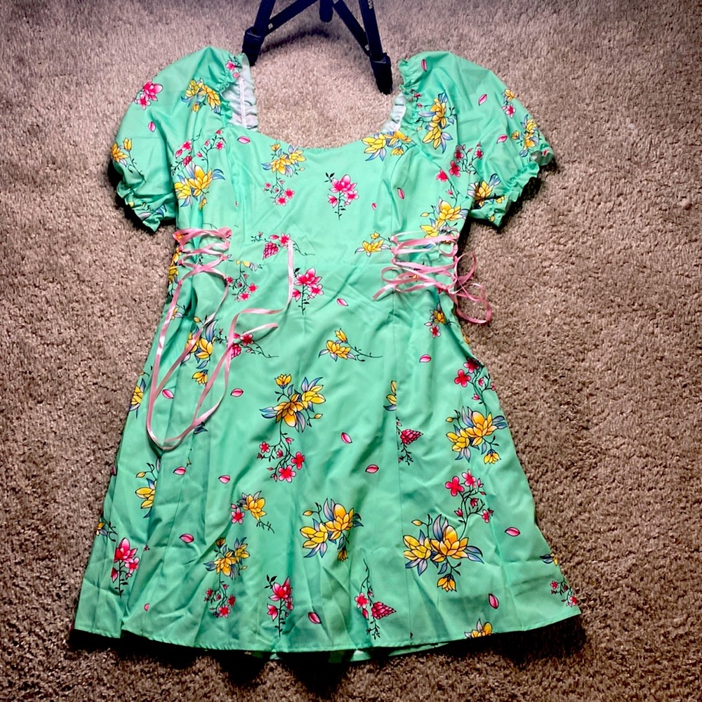 Pastel green floral dress with pink ties on the side. Size large from shein